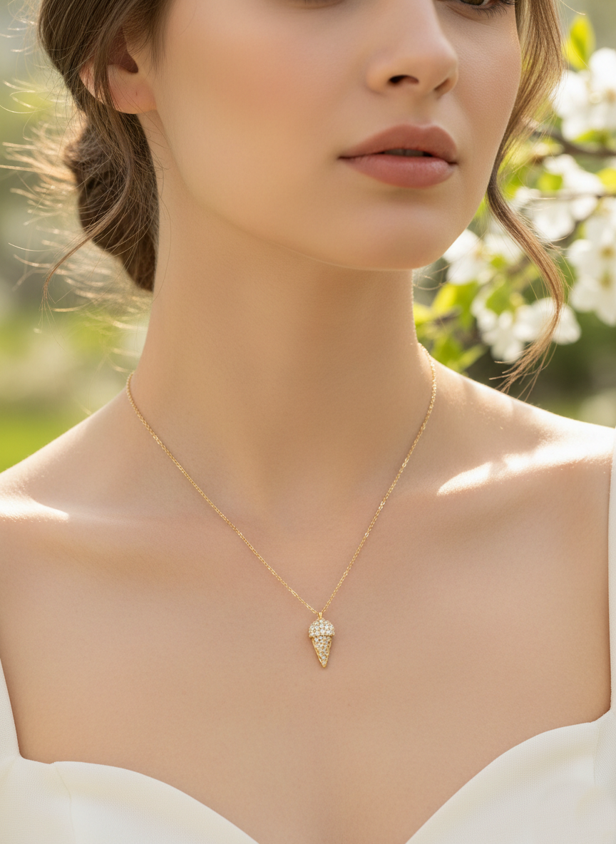 Pave CZ Ice Cream Cone Pendant Necklace