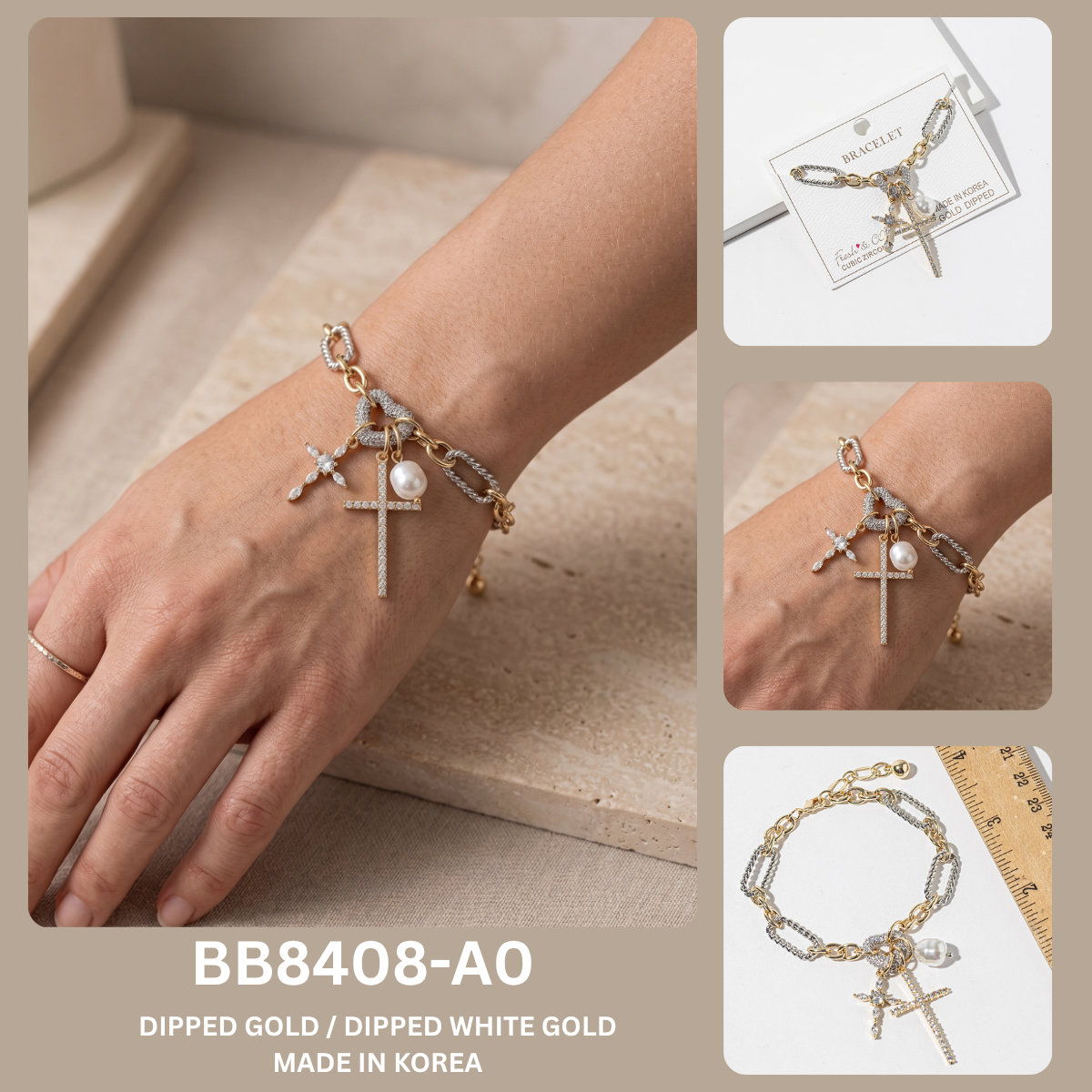 Mixed Metal Cross & Pearl Charm Bracelet