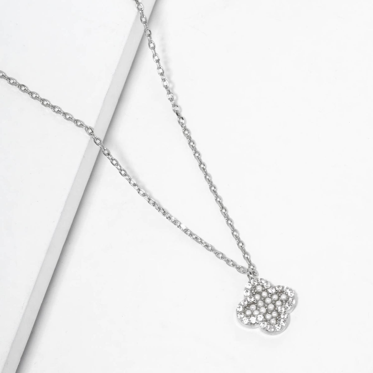 Crystal and Faux Pearl Clover Pendant Necklace