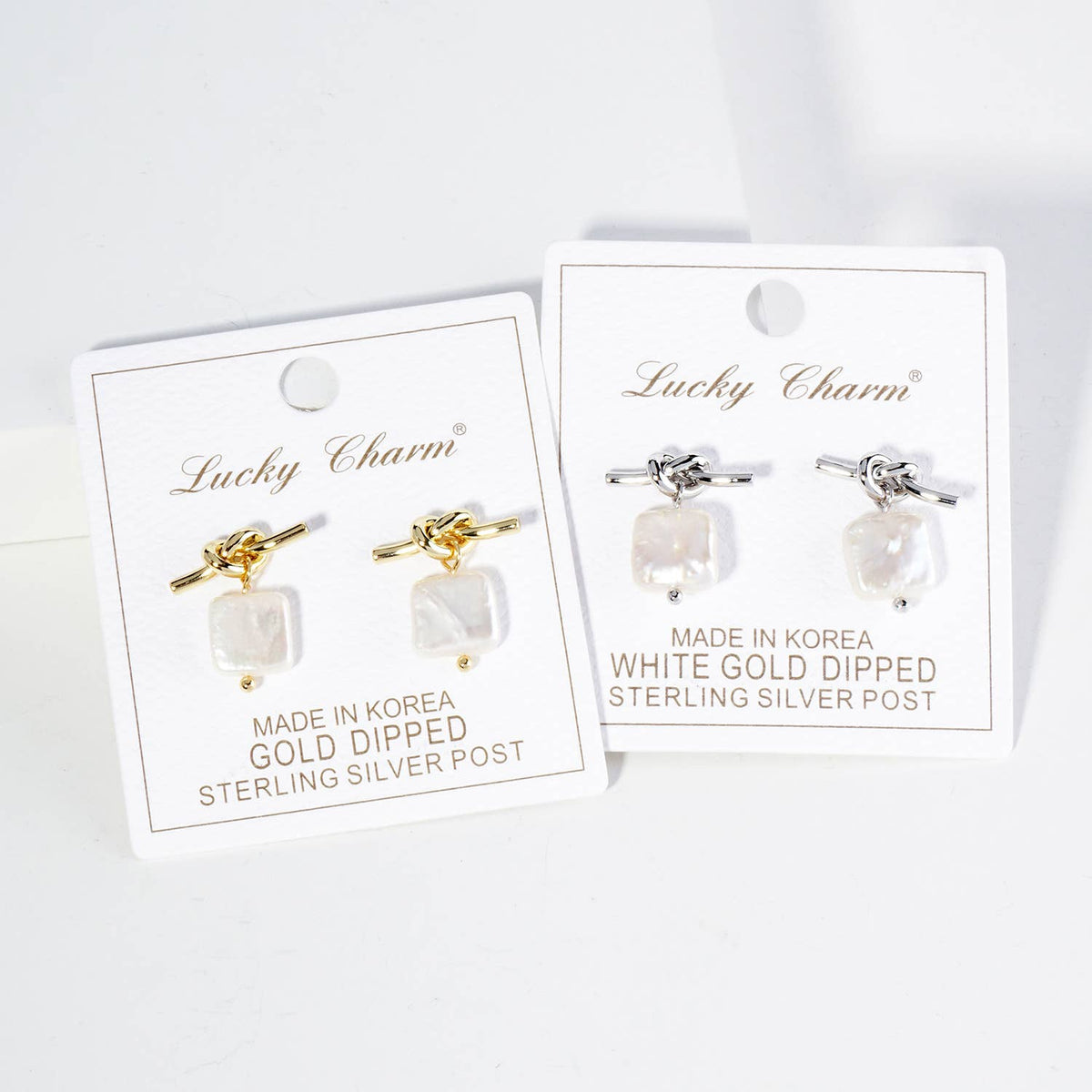 Square Freshwater Pearl Drop Love Knot Post Earrings
