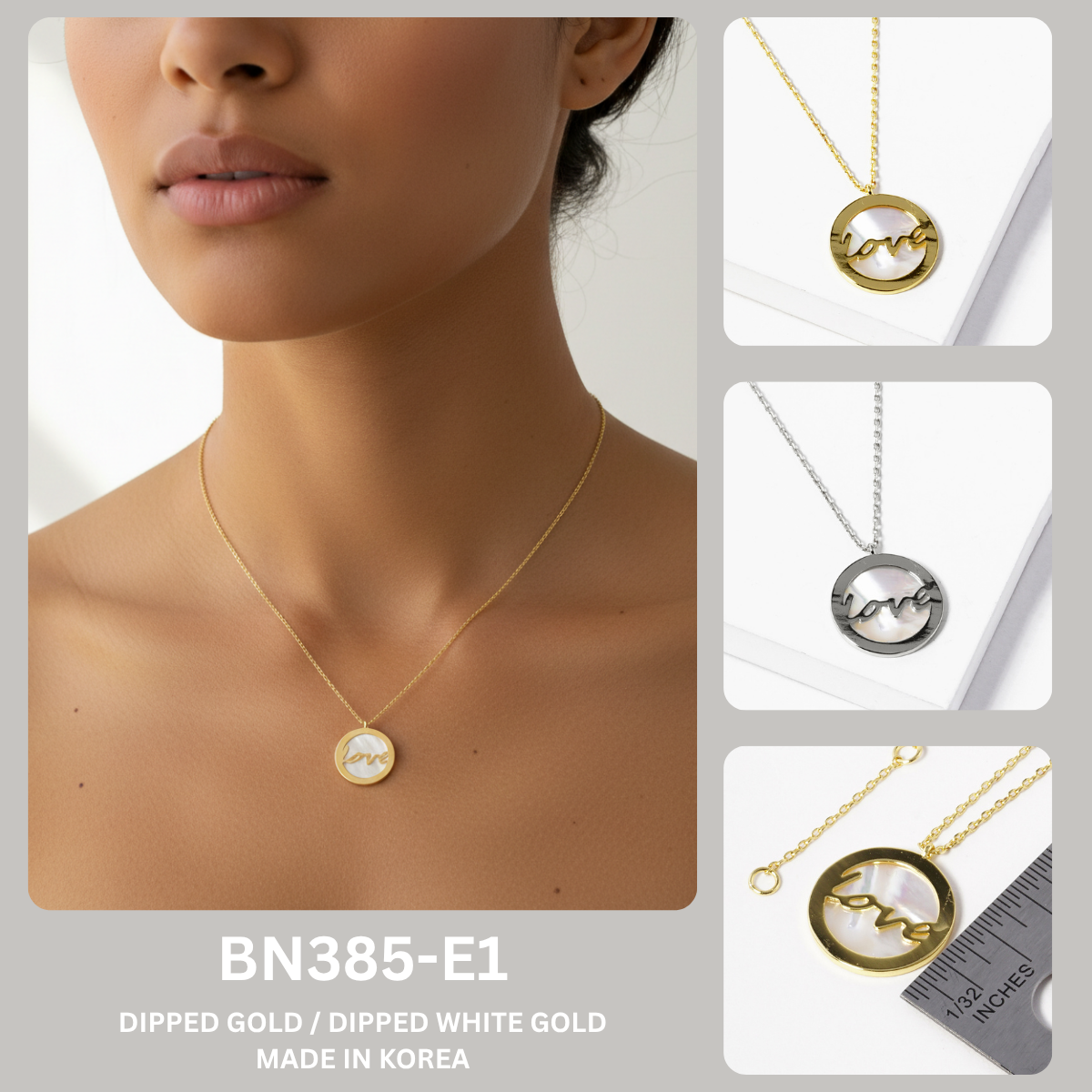 Mother of Pearl "Love" Script Disc Necklace