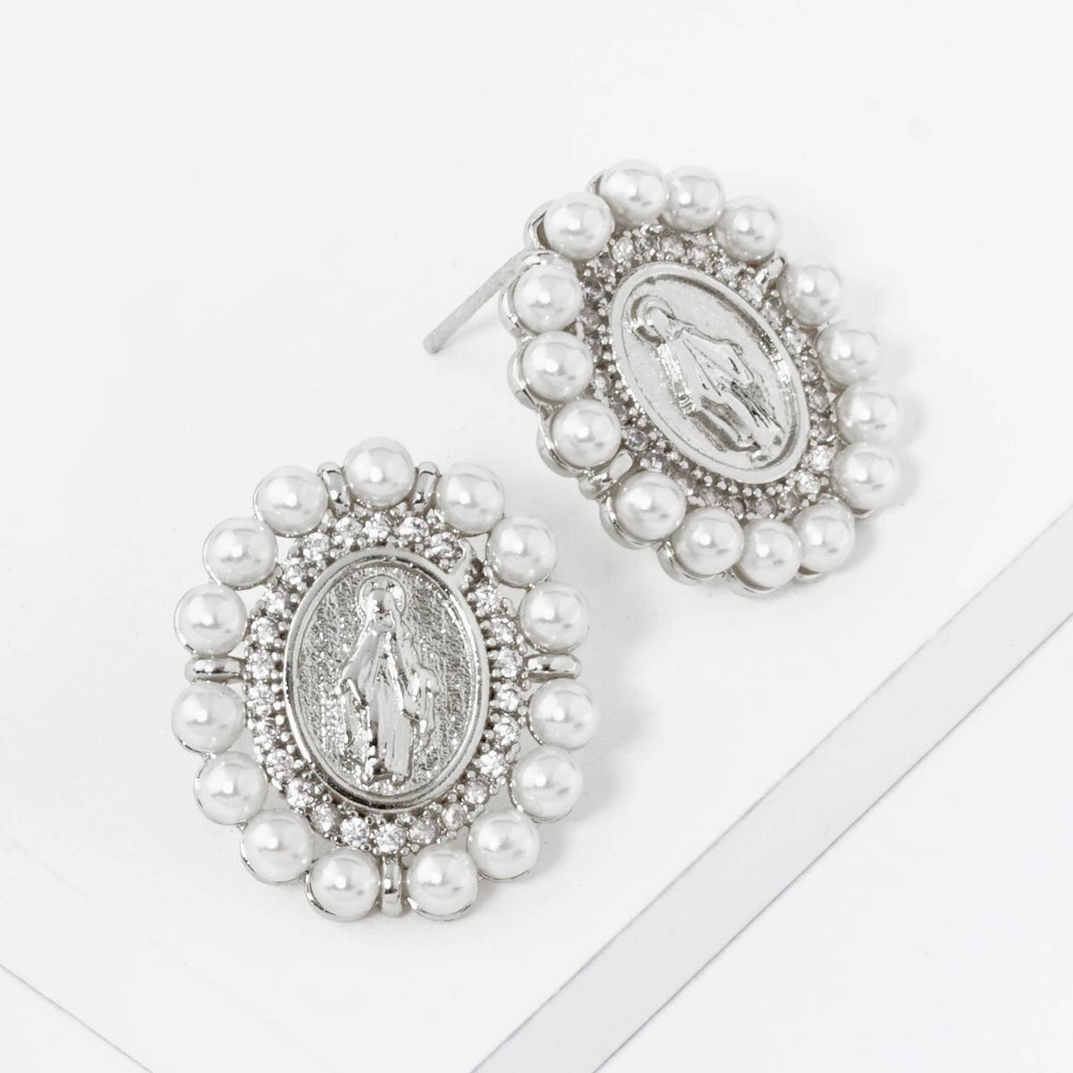 3MM PEARL BEADED CZ OVAL MIRACULOUS MEDAL STUD EARRINGS