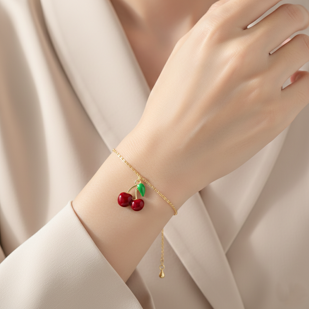 Enamel Cherry Charm Delicate Chain Bracelet