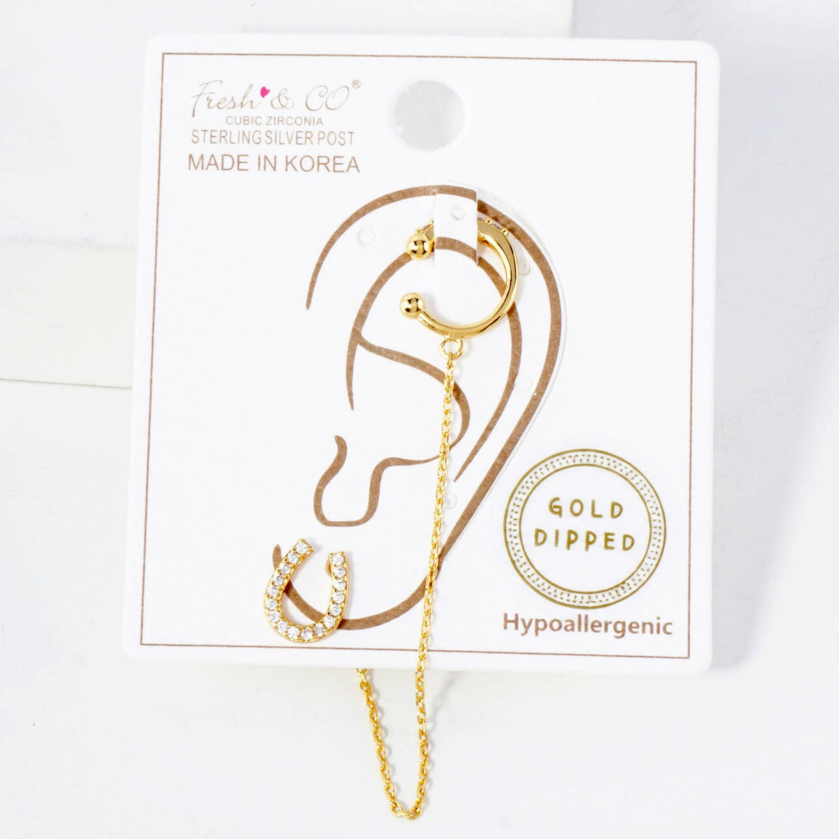 Horseshoe Stud and Ear Cuff Drape Chain Earring Set