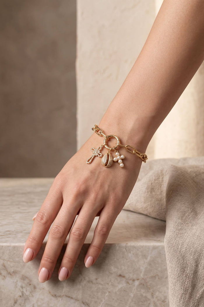 Chunky Chain Charm Bracelet with CZ Cross & Cowrie Shell