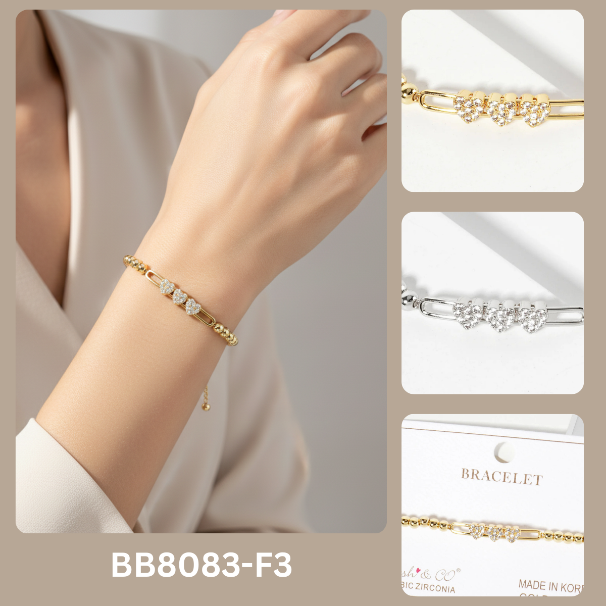 Triple Pavé Heart Beaded Slider Bracelet