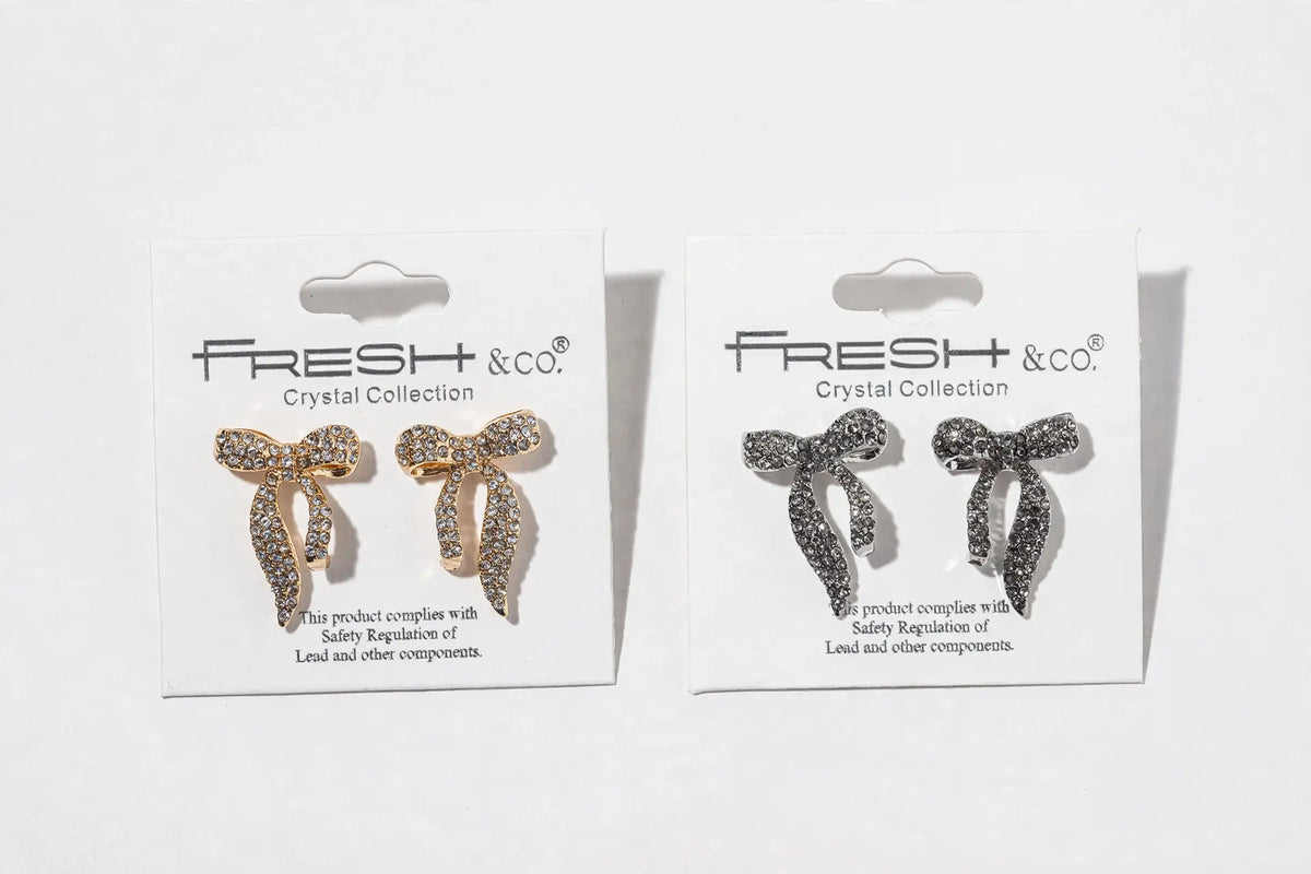 Crystal Bow Stud Earrings – Pavé Ribbon Bow, Gold & Silver