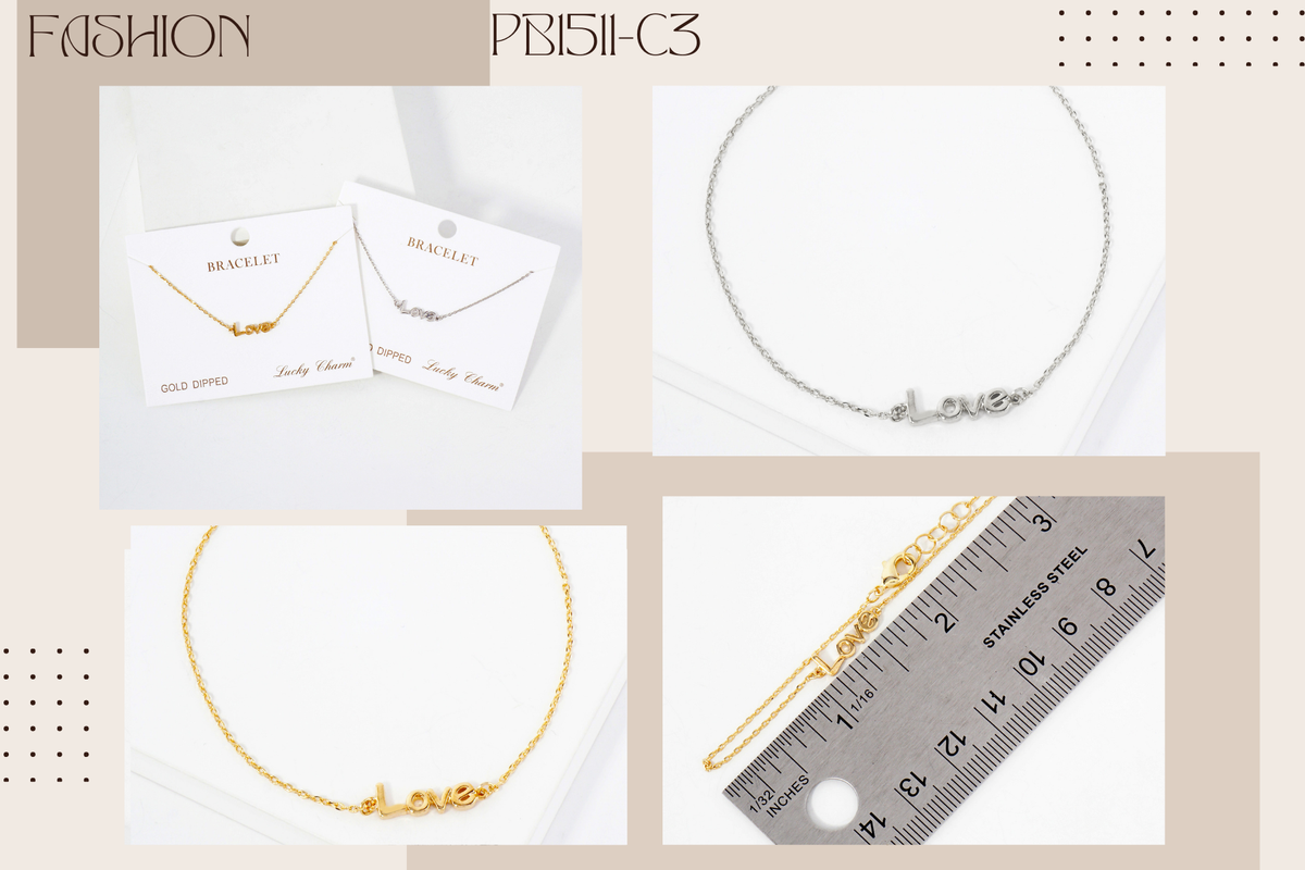 Polished Brass Love Word Chain Bracelet.