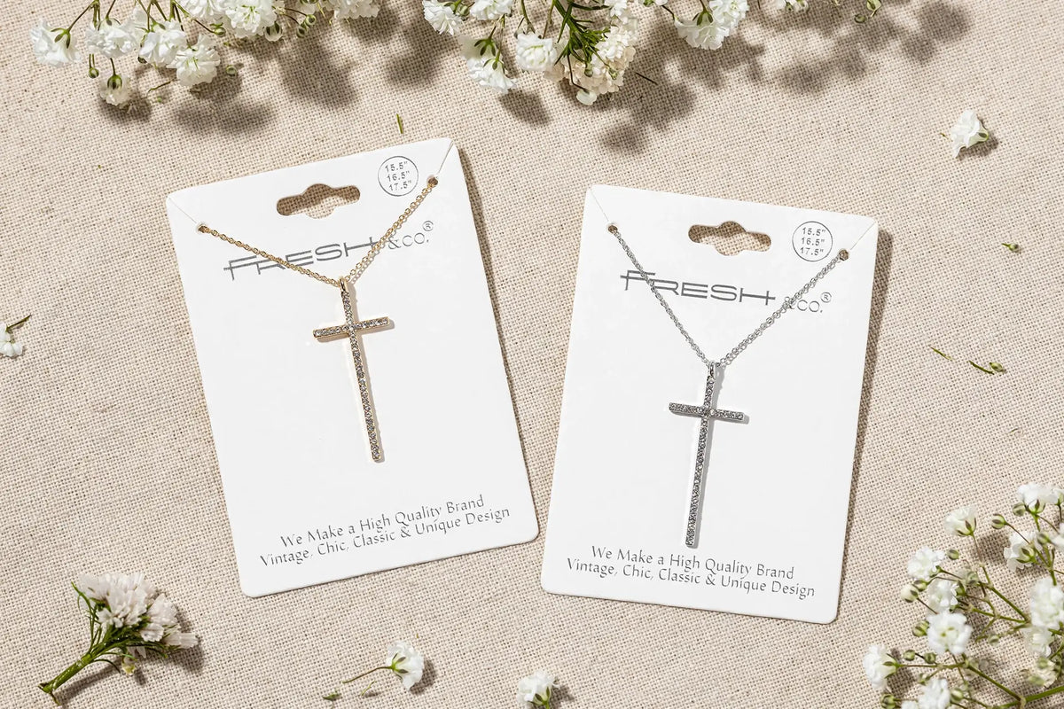 Long Crystal Cross Pendant Necklace – Full-Pavé Cross