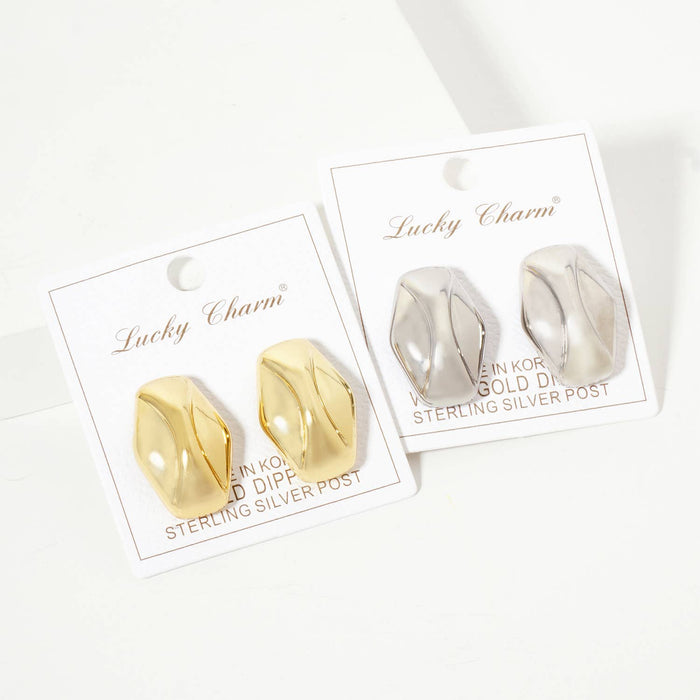 Polished Brass Soft-Curve Lined Hexagon Stud Earrings
