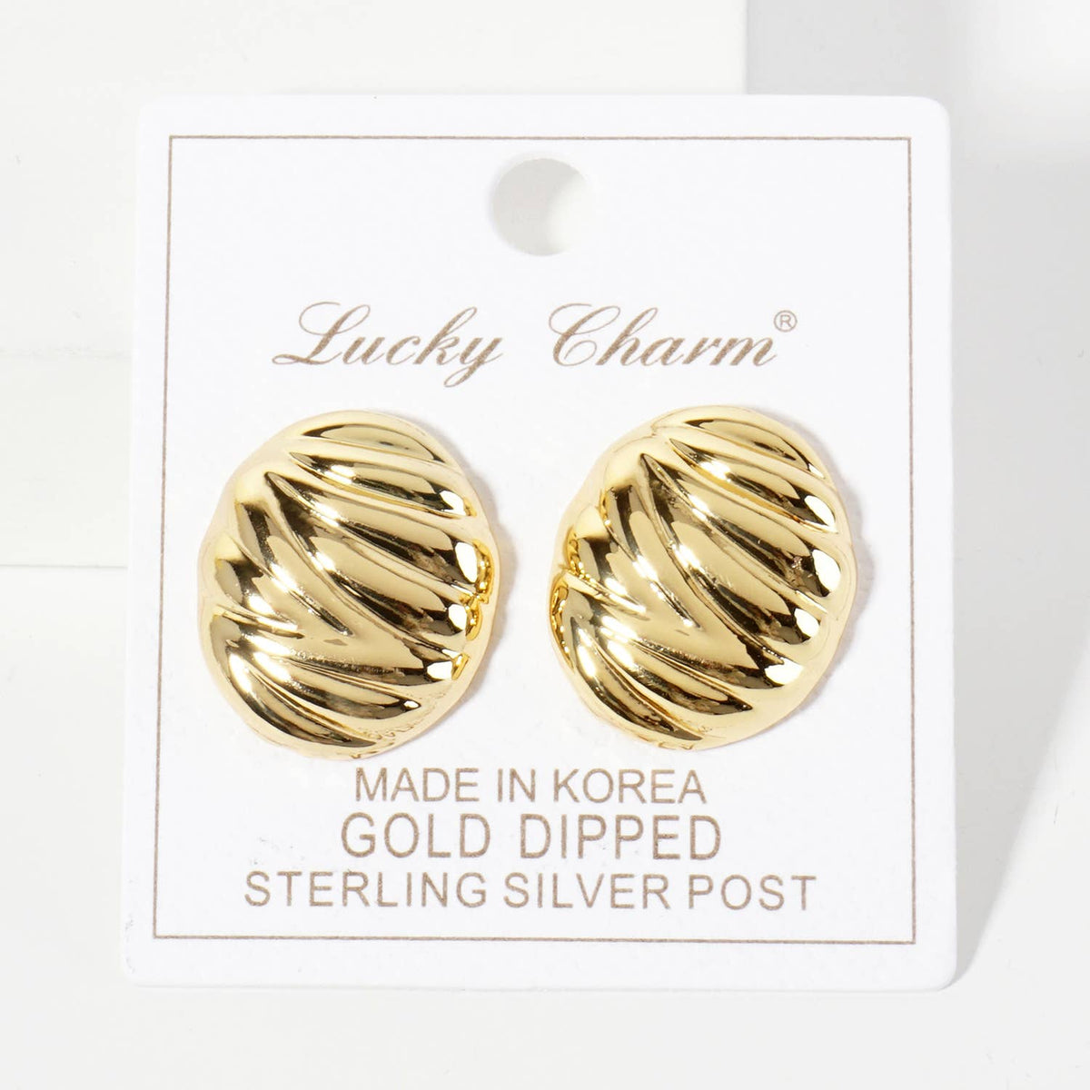 Brass Ribbed Oval-Shaped Stud Earrings