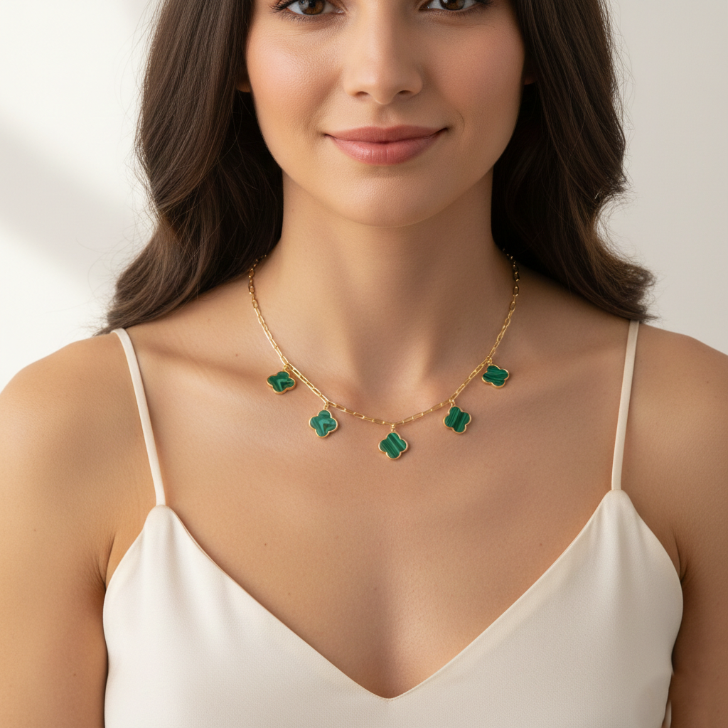5-Clover Charm Paperclip Link Station Necklace