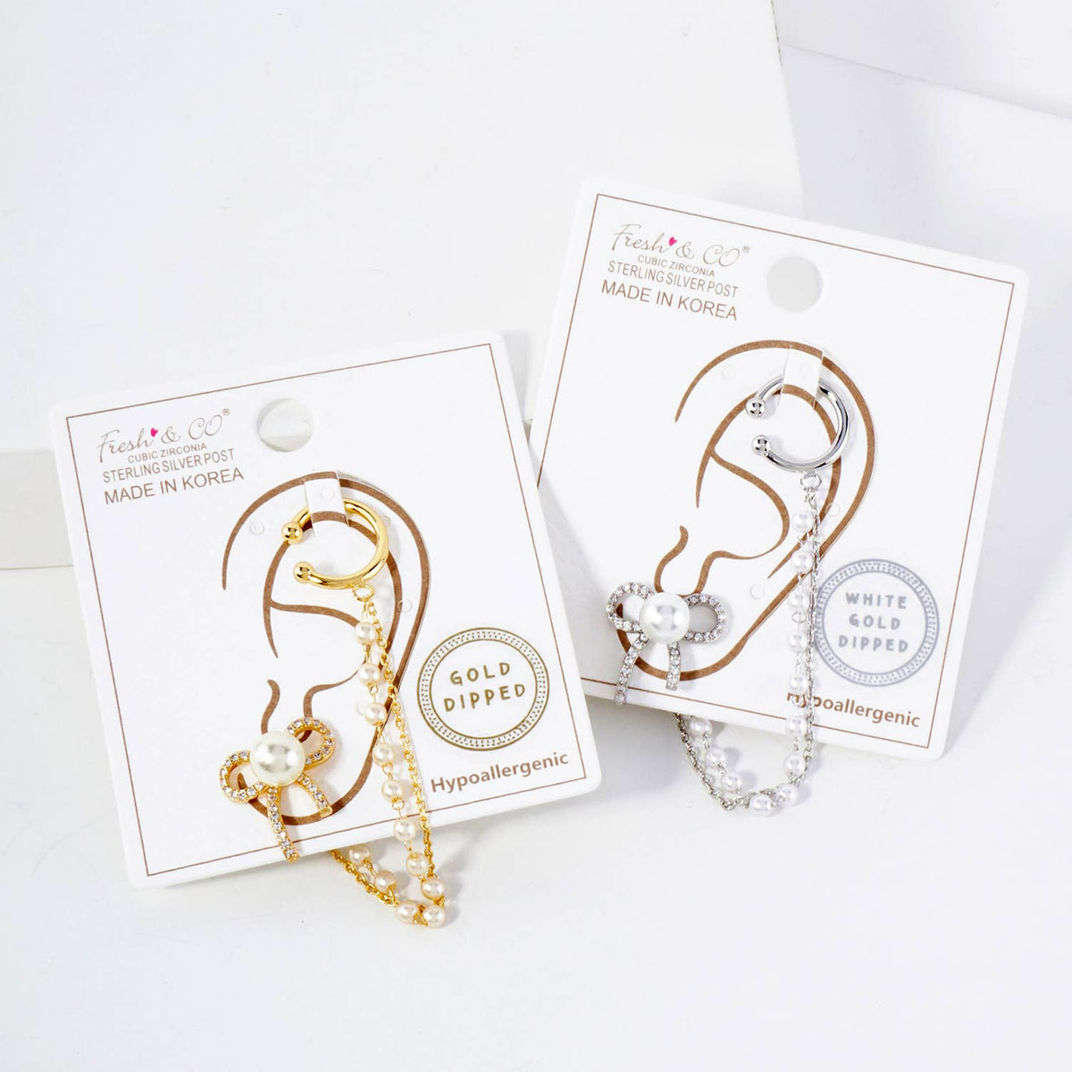 Pearl Bow Stud and Ear Cuff Drape Chain Earring Set