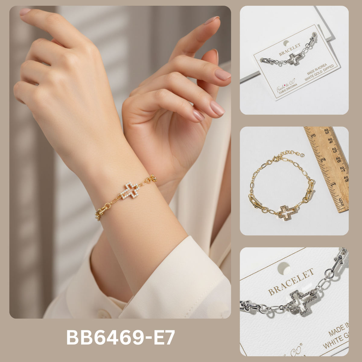 Cubic Zirconia Cross Charm Link Chain Bracelet