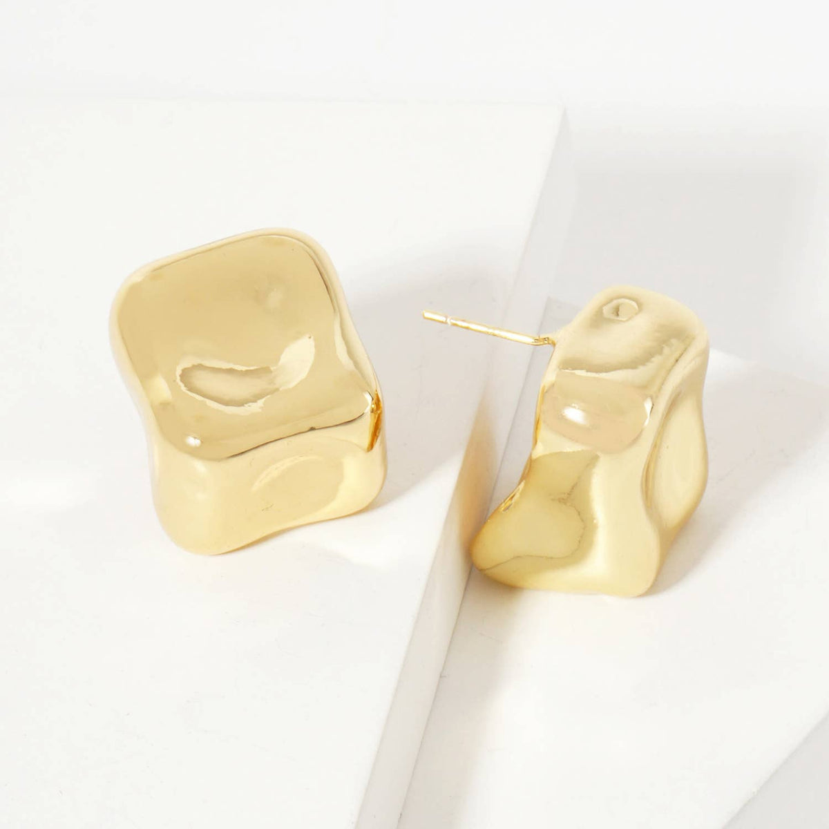 Polished Hand-Molded Organic Square-Shaped Stud Earrings