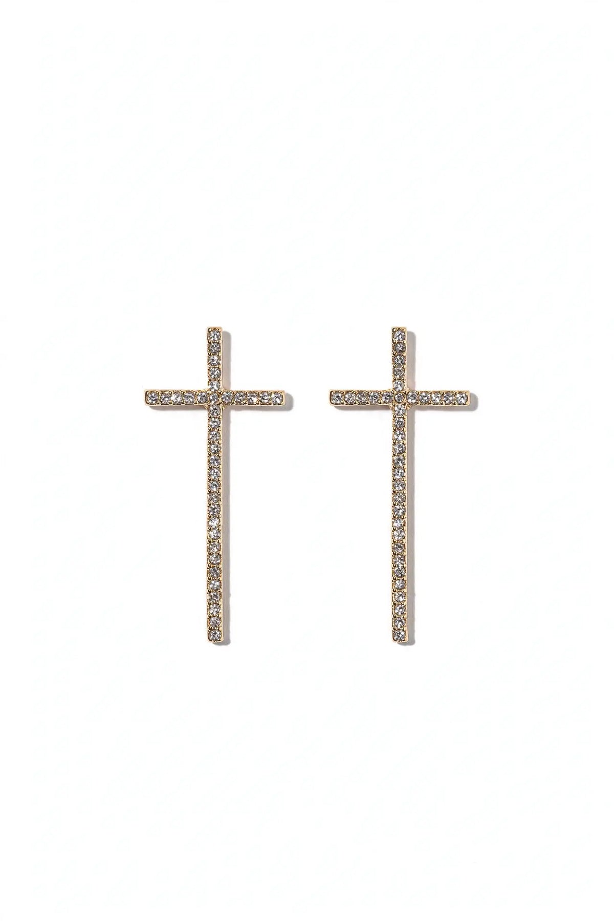 Elongated Crystal Cross Stud Earrings – Slender Pavé Cross,
