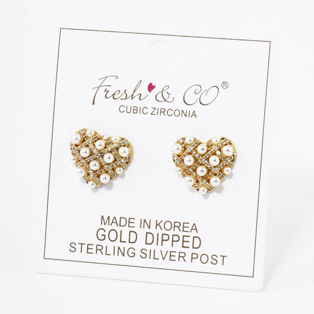 18K Gold Dipped Pearl Beaded Cubic Zirconia Heart Stud