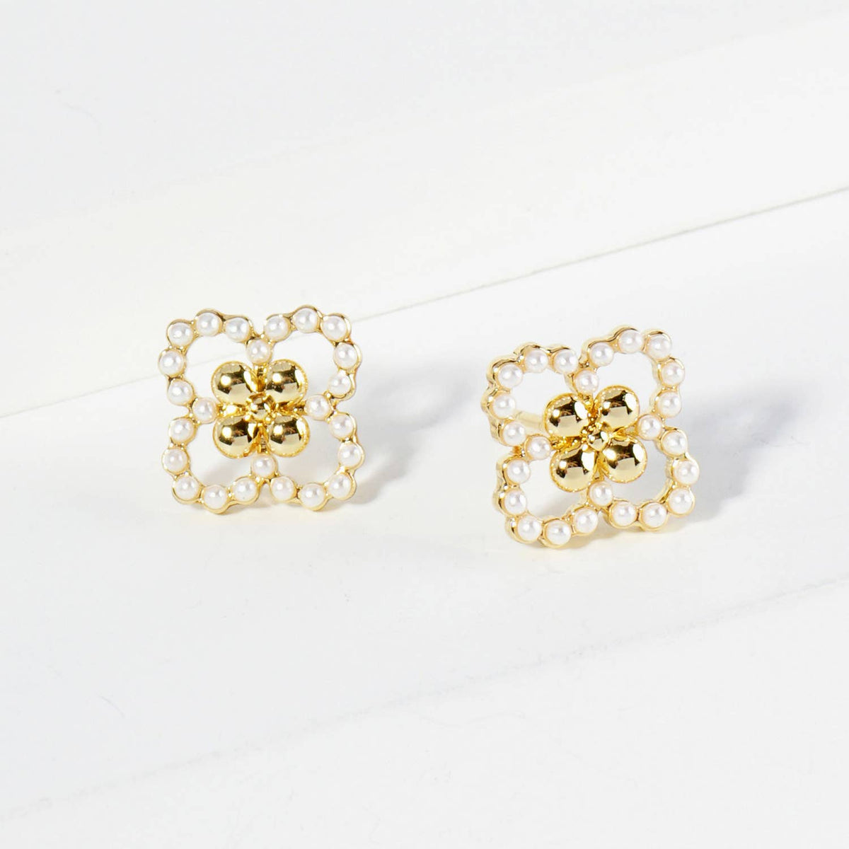 18K Gold Dipped Small Pearl Beaded Quatrefoil Stud Earrings