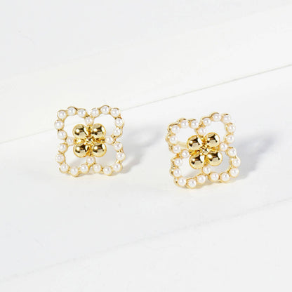 18K Gold Dipped Small Pearl Beaded Quatrefoil Stud Earrings