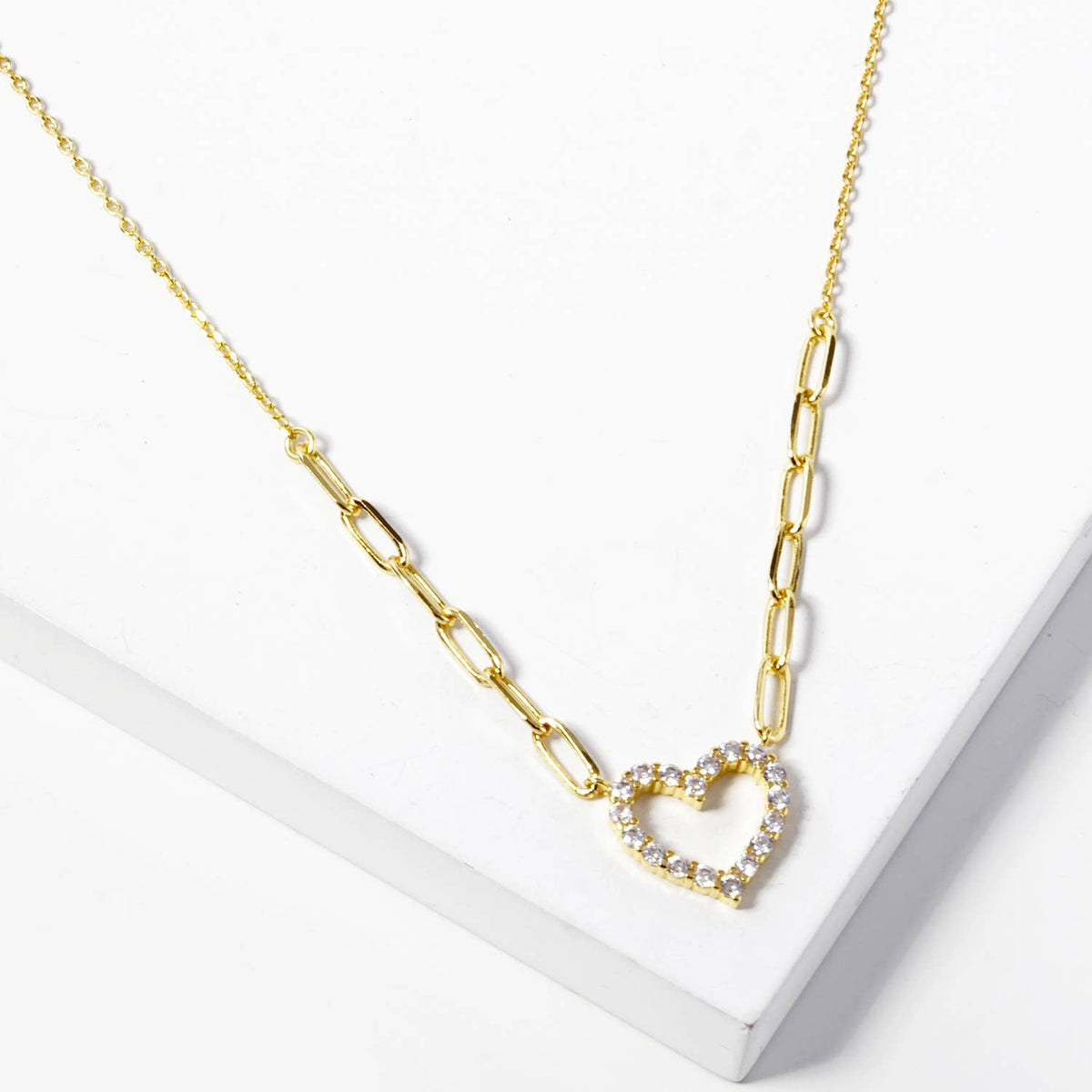 Pave CZ Open Heart Link Mixed Chain Necklace