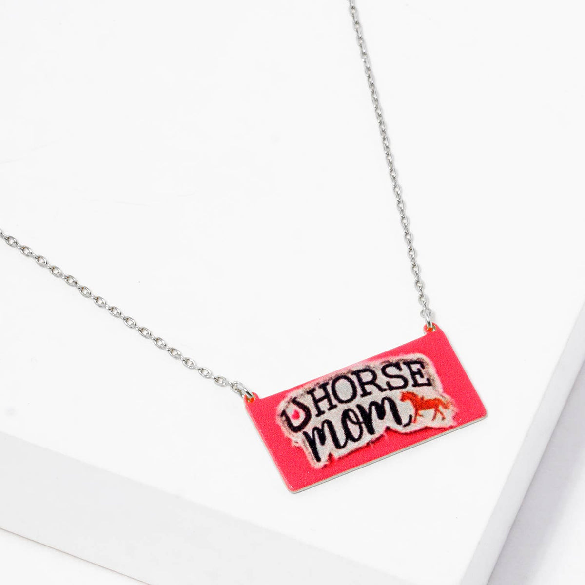 Horse Mom Enamel Bar Pendant Necklace