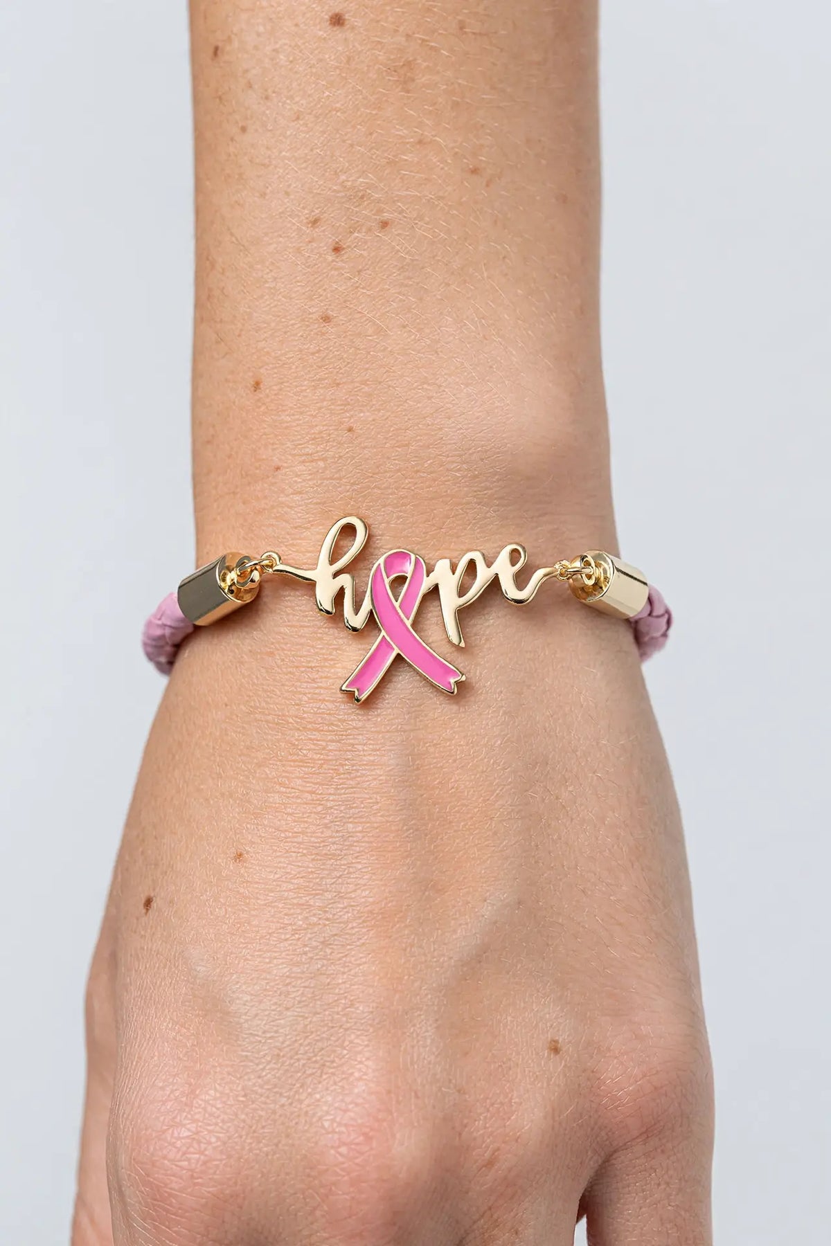 Hope Pink Ribbon Bracelet – Gold-Dipped Braided Script Charm