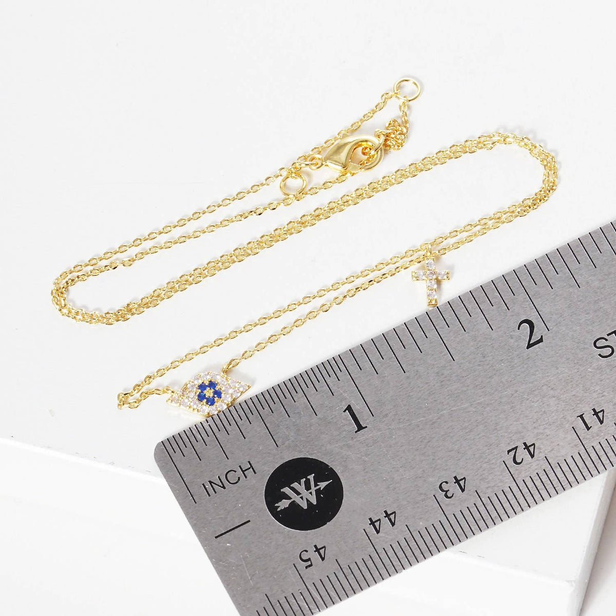 Gold Blue Evil Eye w/ Cross Necklace