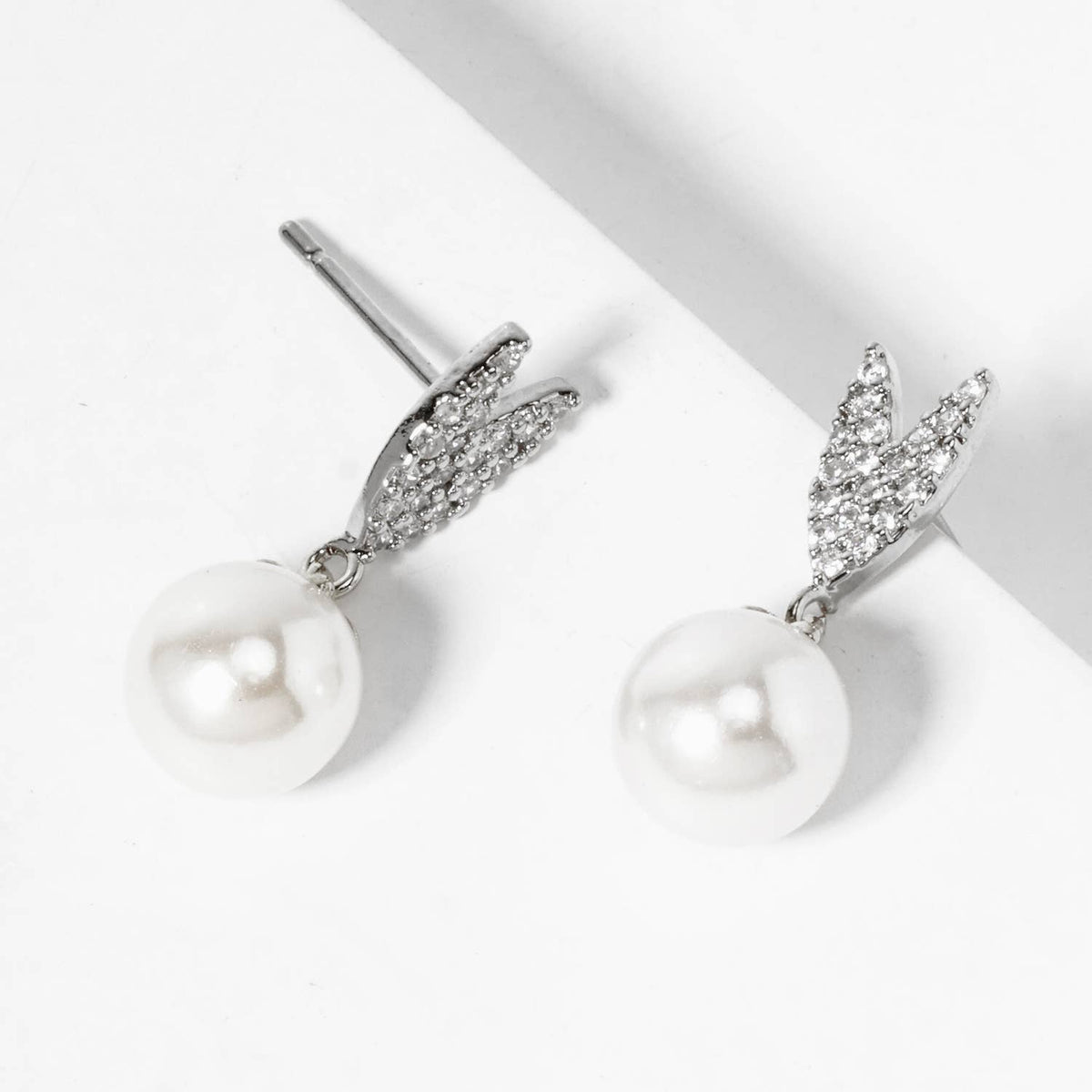 18K Gold Dipped Glass Pearl Drop CZ Pave Heart Post Earrings