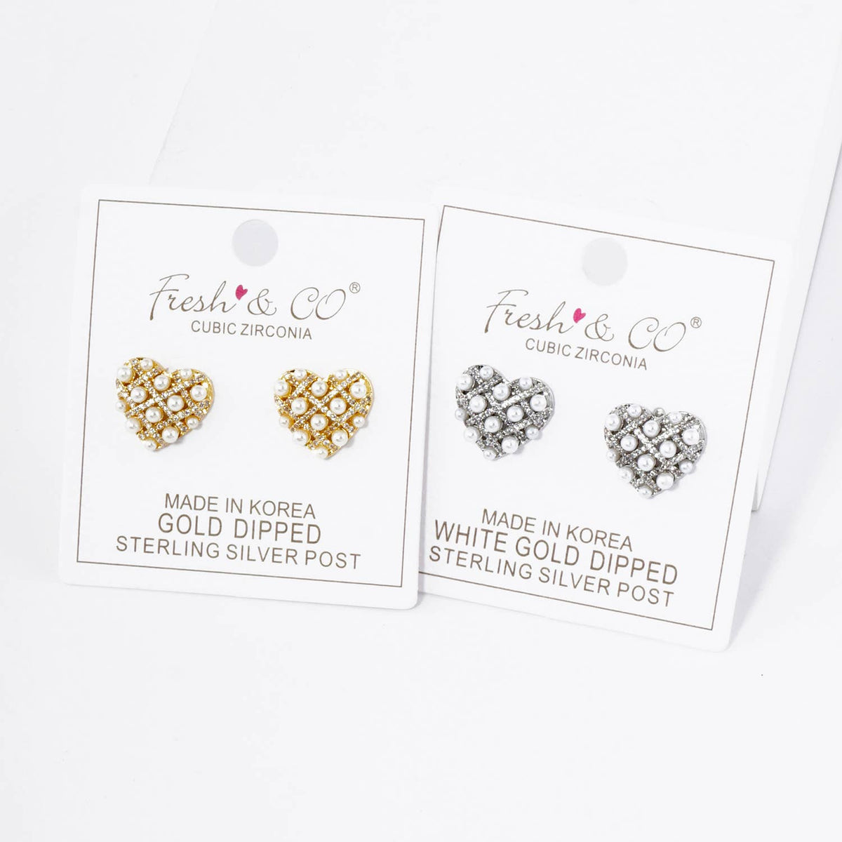 18K Gold Dipped Pearl Beaded Cubic Zirconia Heart Stud