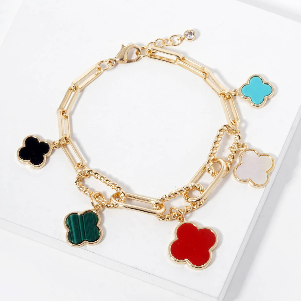 18K Gold Plated Clover Charm Paperclip Link Bracelet
