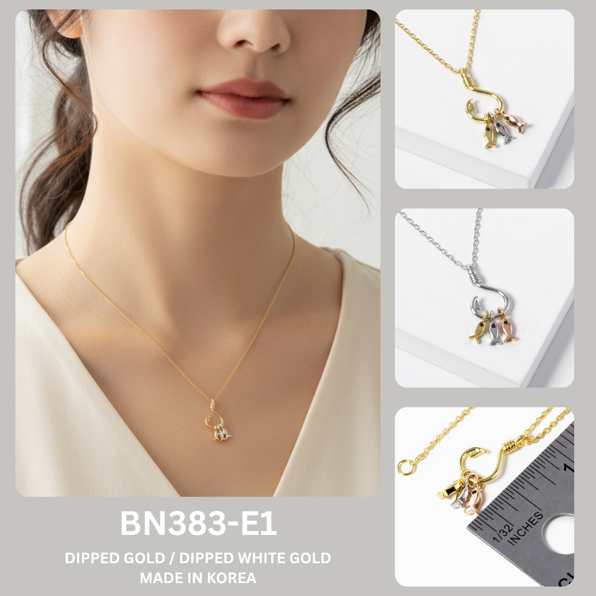Tri-Color Fish & Hook Charm Pendant Necklace