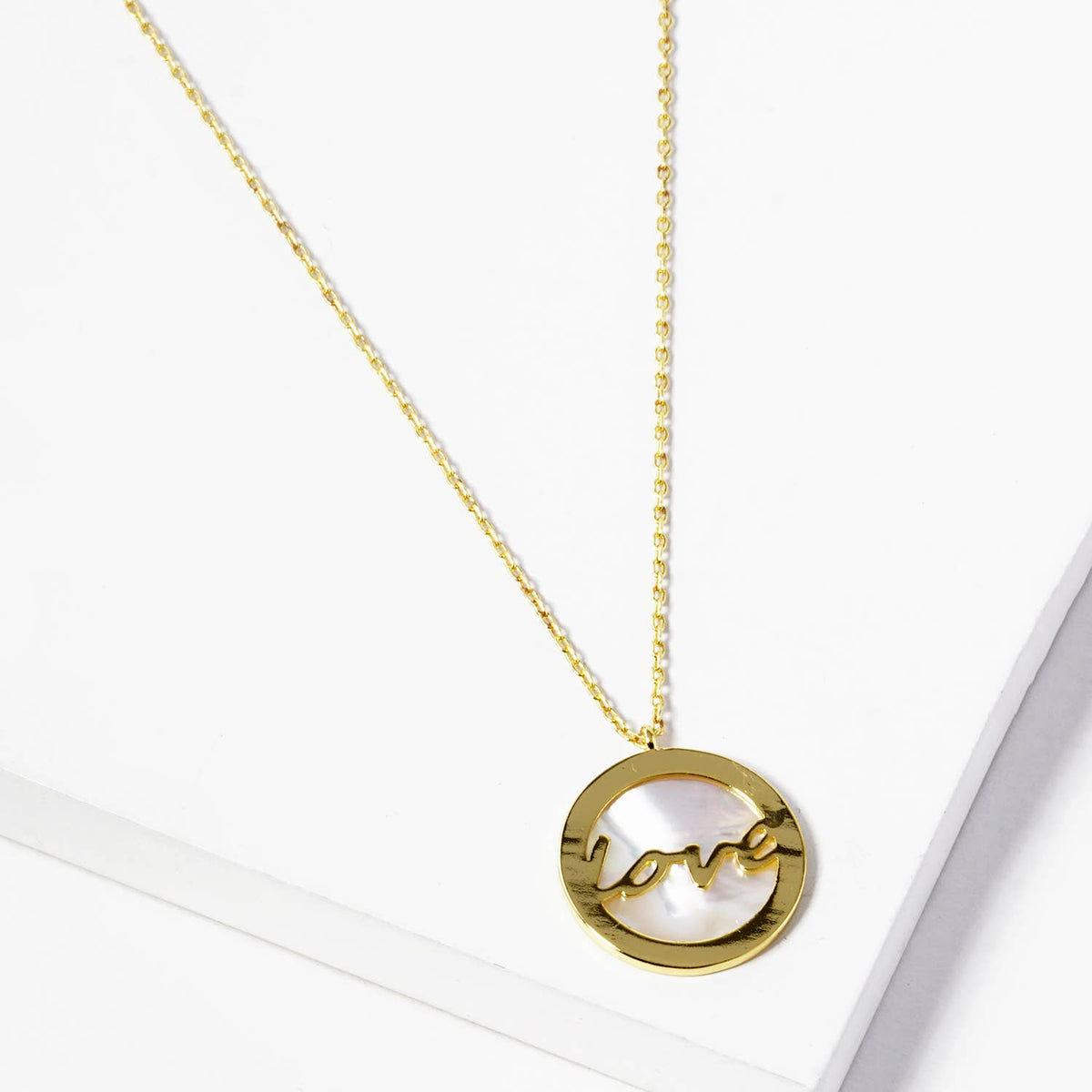 Mother of Pearl "Love" Script Disc Necklace