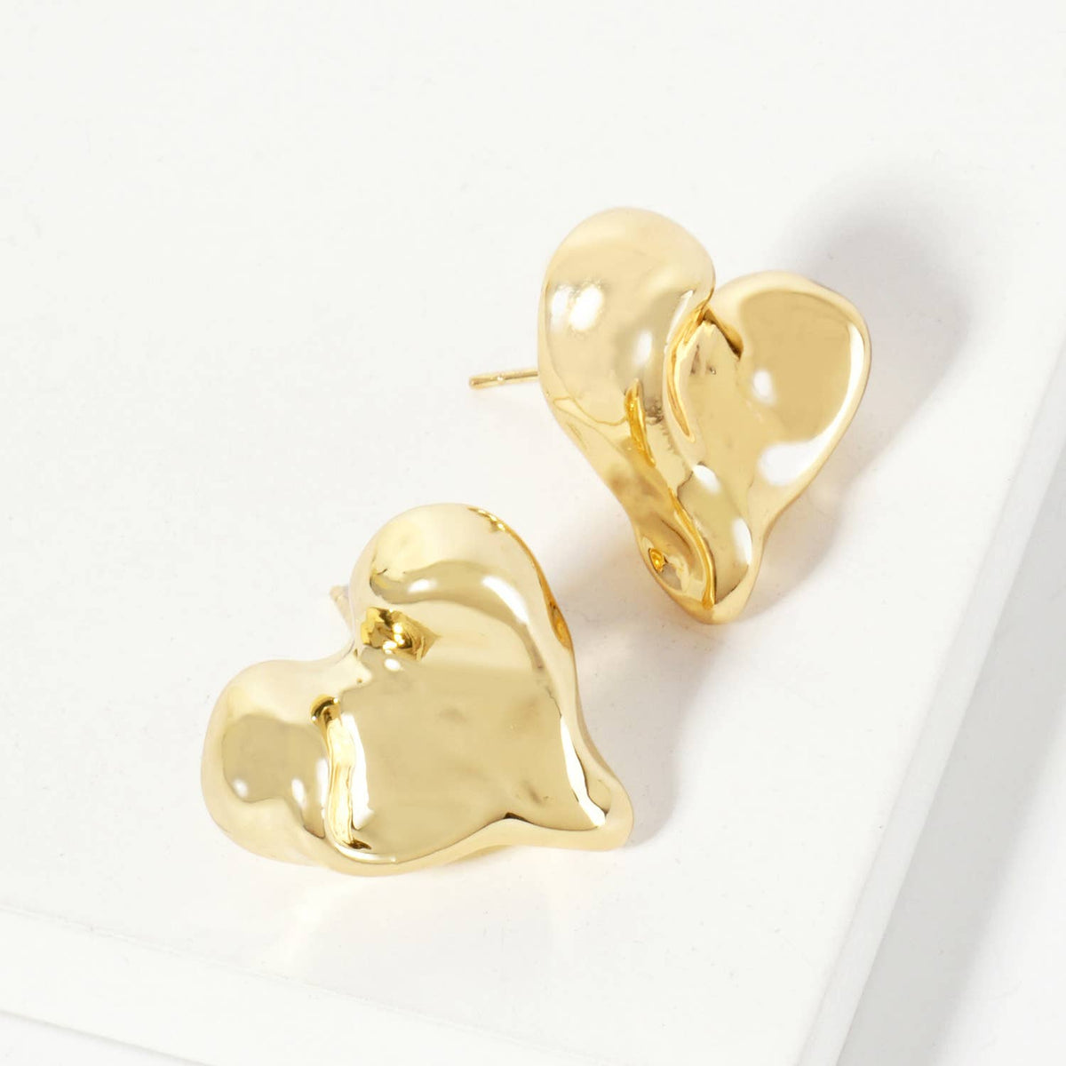 Polished Brass Hand-Pressed Button Heart Stud Earrings