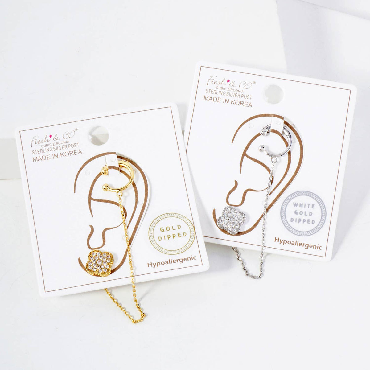Quatrefoil Stud and Ear Cuff Drape Chain Earring Set