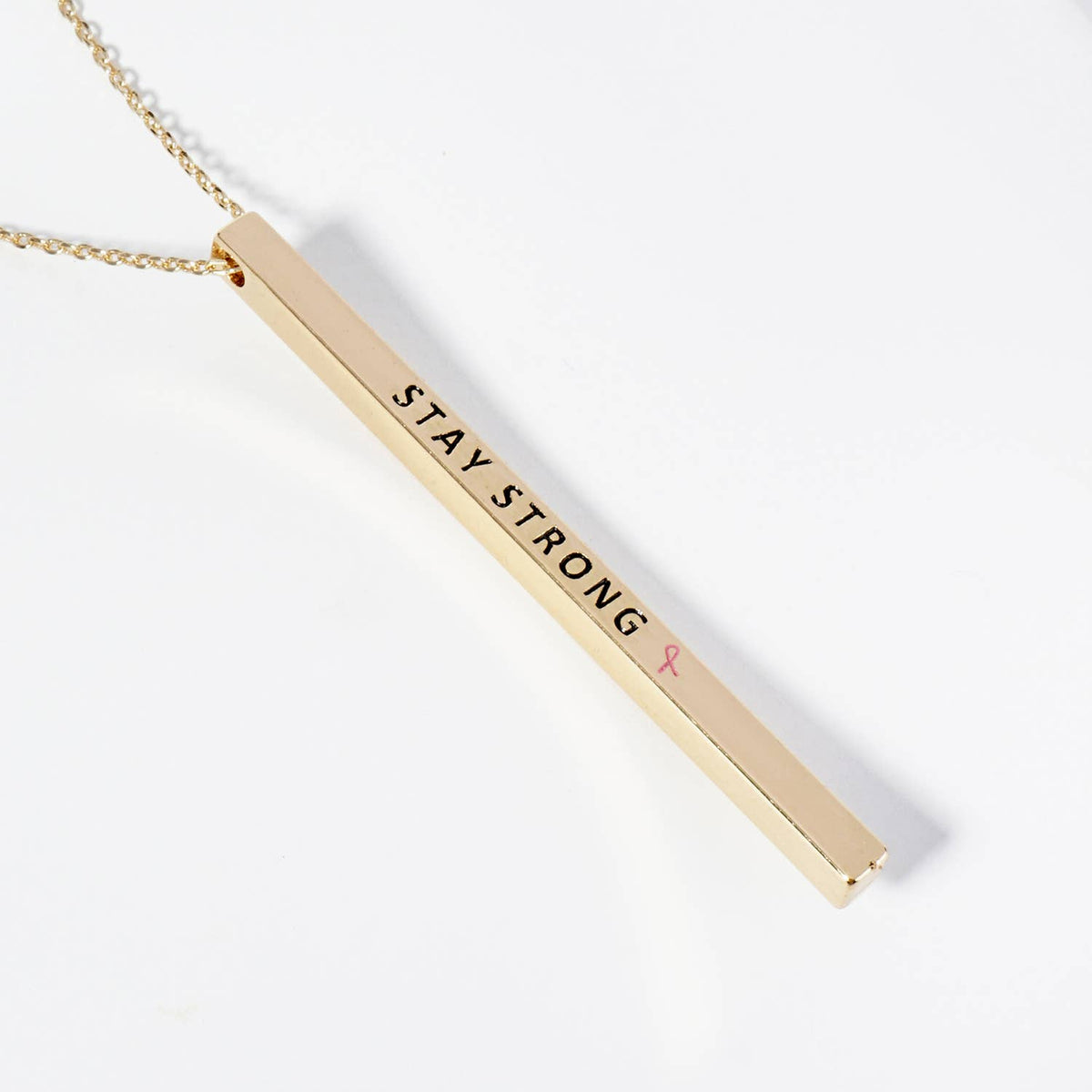 "STAY STRONG" Bar Pendant Necklace with Pink Ribbon Accent