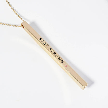 "STAY STRONG" Bar Pendant Necklace with Pink Ribbon Accent