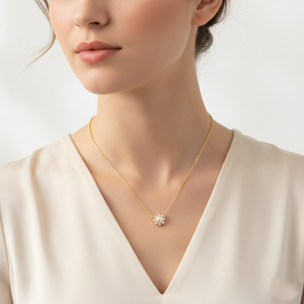 Dainty Pearl and Cubic Zirconia Sunburst Bridesmaid Necklace