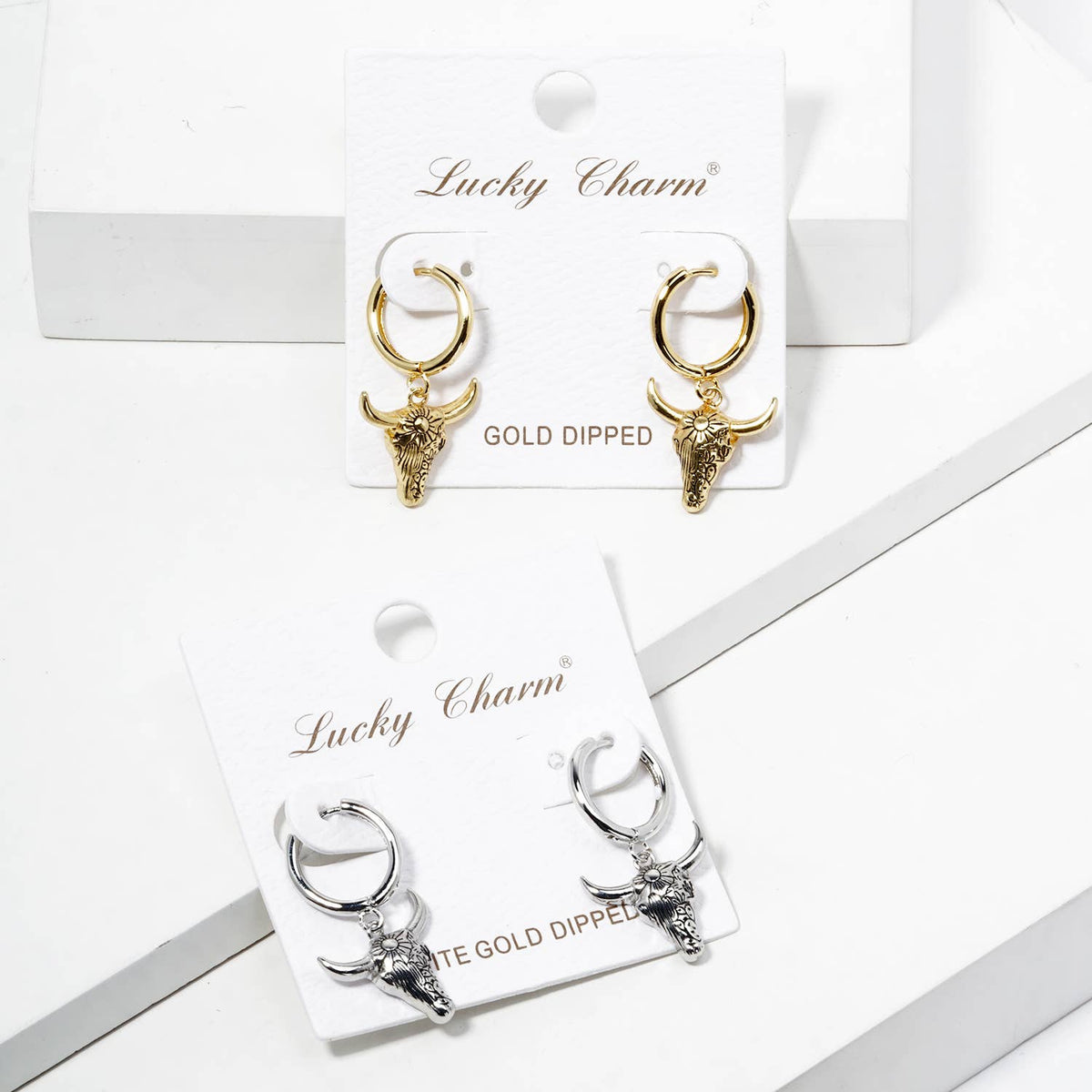 Western Bull Skull Charm Huggie Hoop Earrings