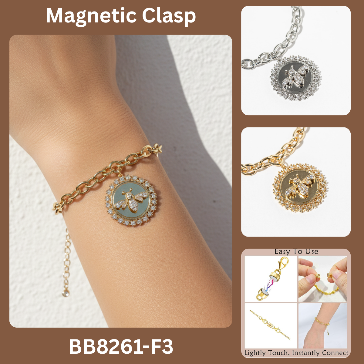 Elegant Pave Crystal Bee Coin Charm Bracelet