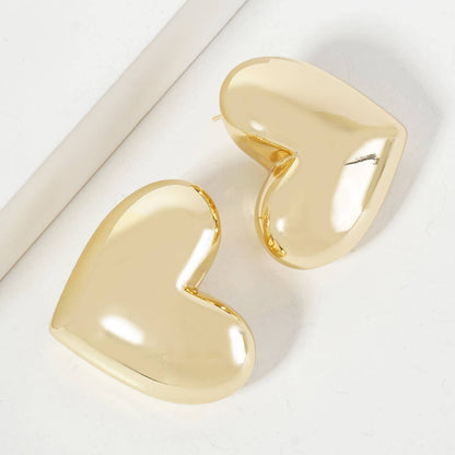Polished Brass 35mm Puffy Heart Statement Earrings