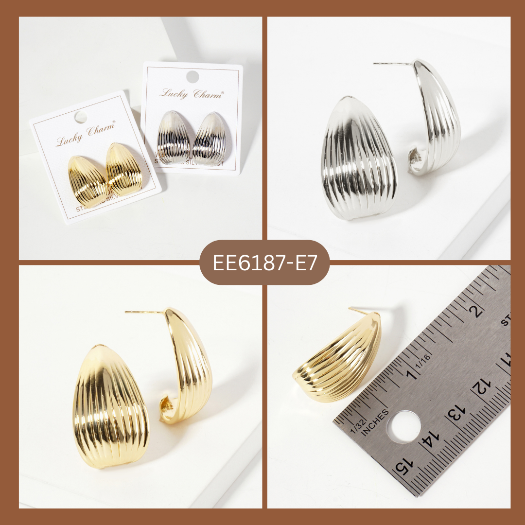 Polished Brass 30mm Ribbed Teardrop Earrings