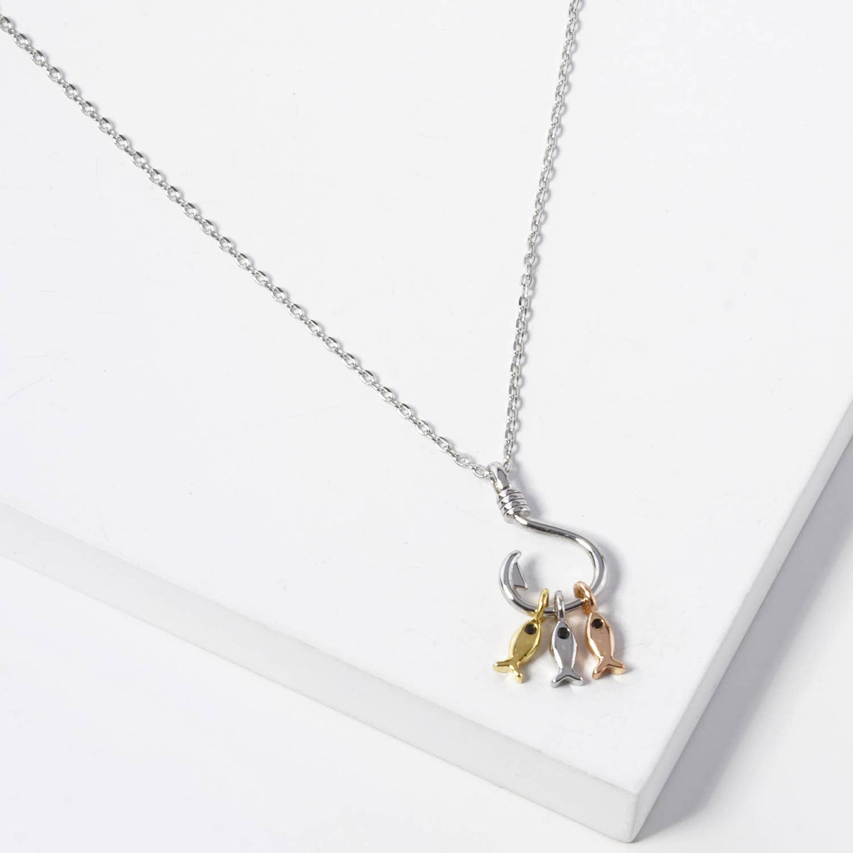 Tri-Color Fish & Hook Charm Pendant Necklace