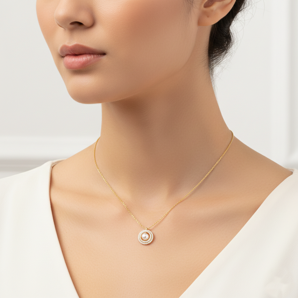 18K Gold Dipped CZ Pave Double Circle Pearl Pendant Necklace