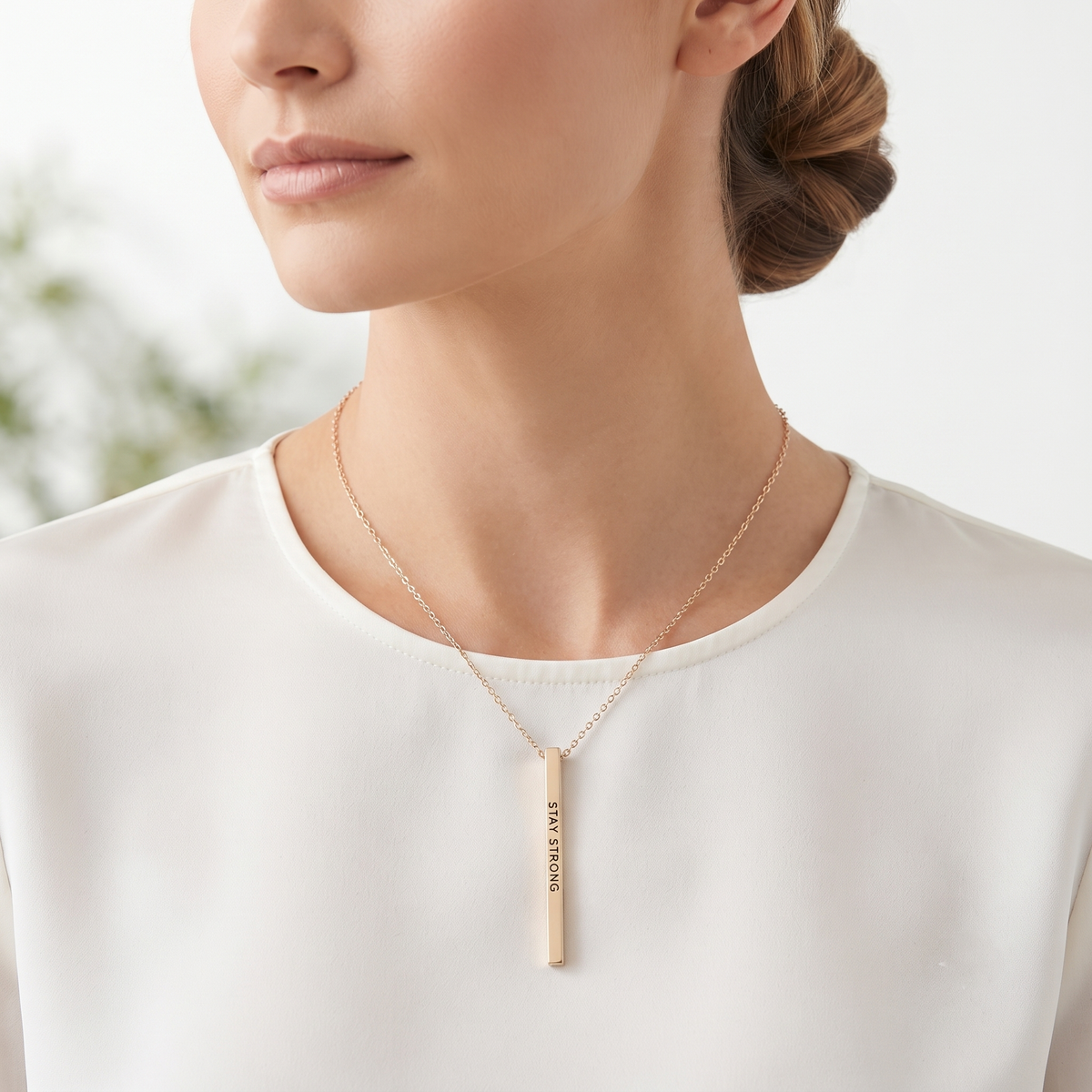 "STAY STRONG" Bar Pendant Necklace with Pink Ribbon Accent