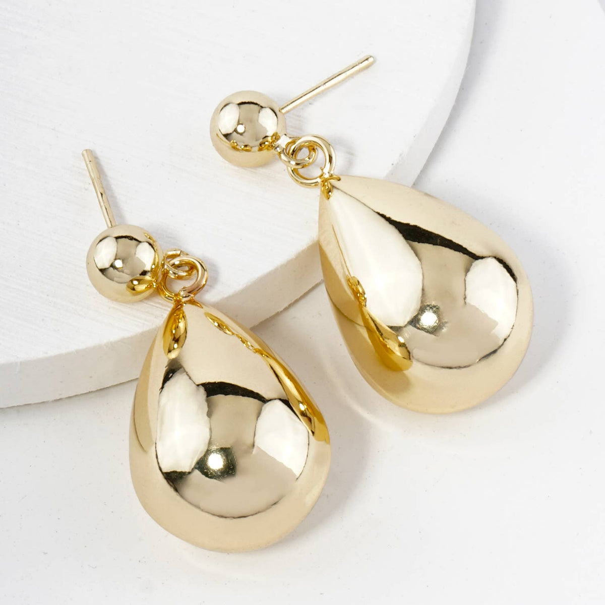 Large Puffy Teardrop Drop Dangle Post Earrings / 18K Gold