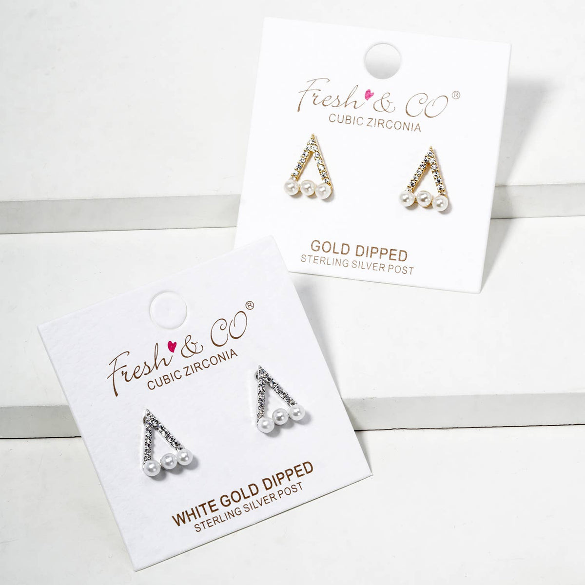 18K Gold Dipped Pearl CZ Pave Dainty Triangle Stud Earrings