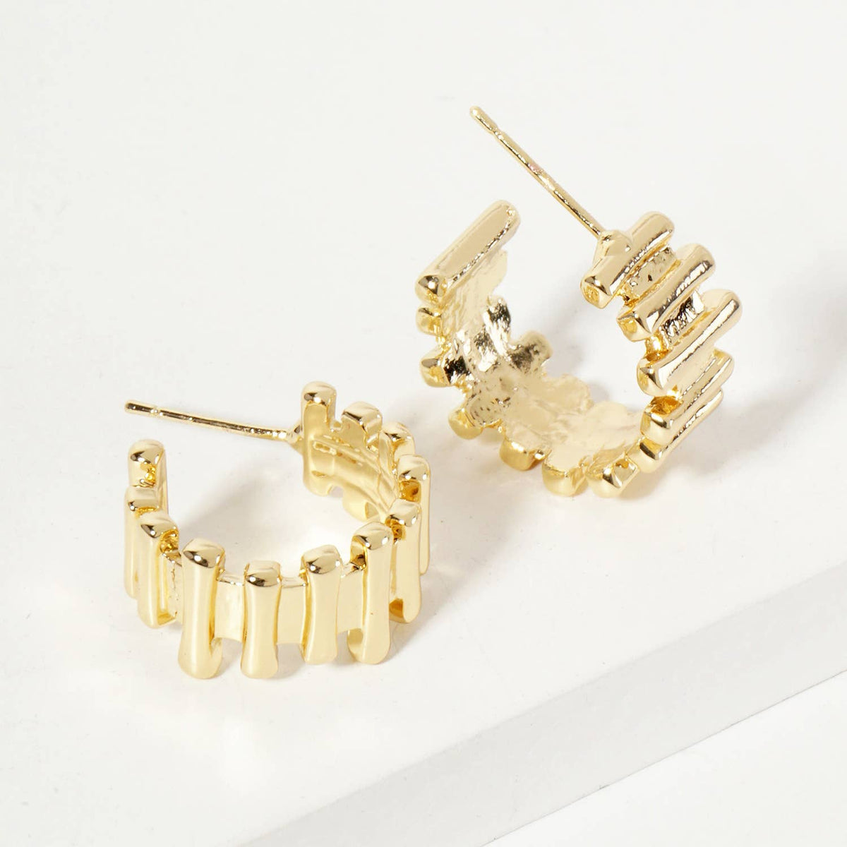 Polished Brass Bar-Texture 15mm Hoop Earrings