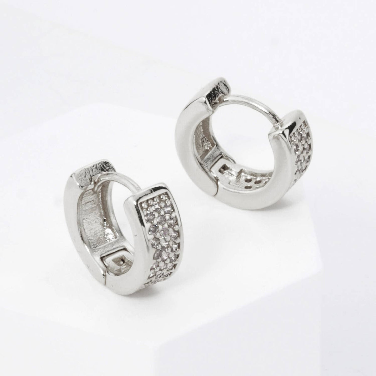 3 LINE MICRO PAVE SET CUBIC ZIRCONIA 10MM HUGGIE HOOP.