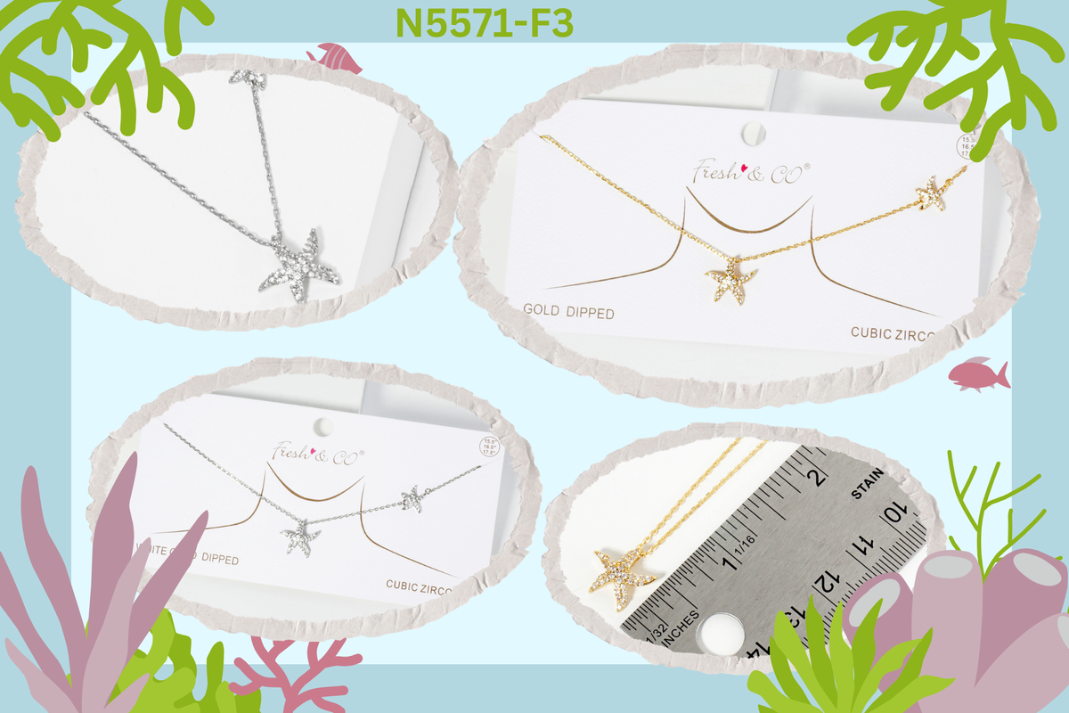 Gold Dipped Cubic Zirconia Pave Sea Life Starfish Necklace