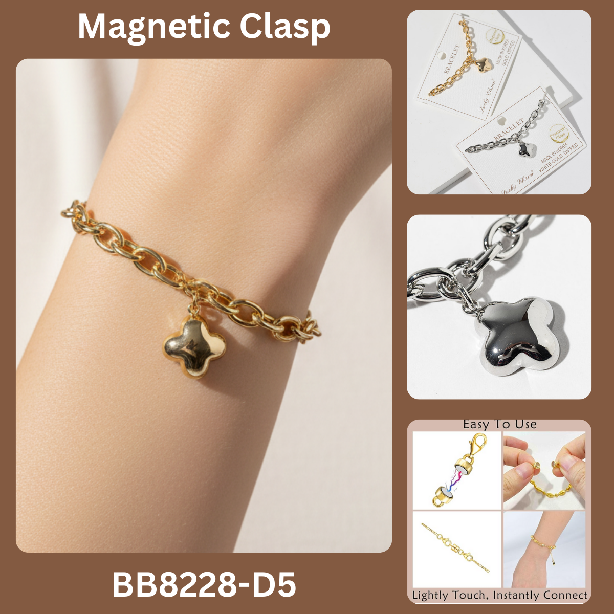 Minimalist Puffy Clover Charm Link Chain Bracelet